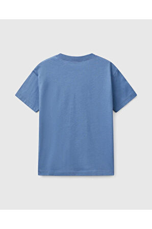 Erkek Çocuk Havacı Mavi Benetton Logo Baskılı T-Shirt