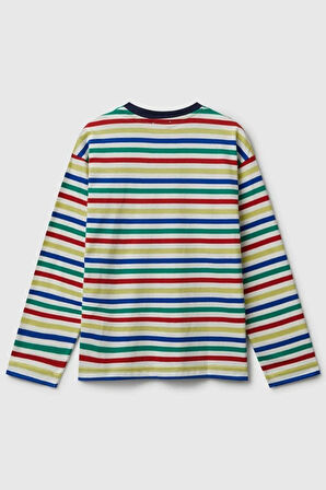 United Colors of Benetton Erkek Çocuk 3FNLC10QB-25K  Uzun Kol Çizgili Tshirt Beyaz