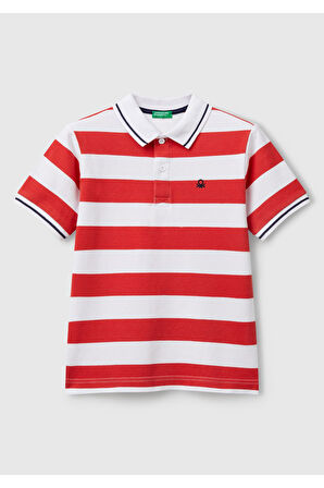 Erkek Çocuk Kırmızı Mix Çizgili Logo İşlemeli Polo T-Shirt