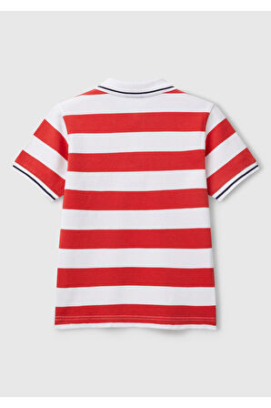 Erkek Çocuk Kırmızı Mix Çizgili Logo İşlemeli Polo T-Shirt