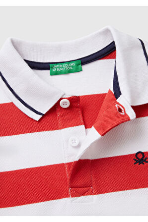 Erkek Çocuk Kırmızı Mix Çizgili Logo İşlemeli Polo T-Shirt
