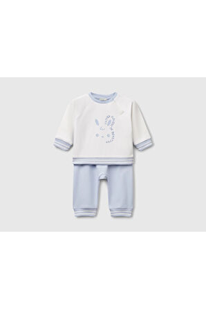 Bebek Beyaz-Mavi Baskılı Reglan Kol Üst ve Beli Büzgülü Eşofman Takım