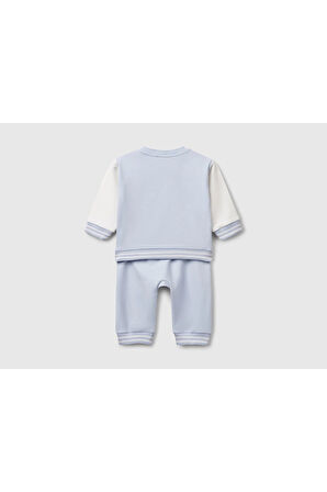 Bebek Beyaz-Mavi Baskılı Reglan Kol Üst ve Beli Büzgülü Eşofman Takım
