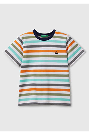 Erkek Çocuk Turkuaz Mix Çizgili Önü Logo İşlemeli T-Shirt