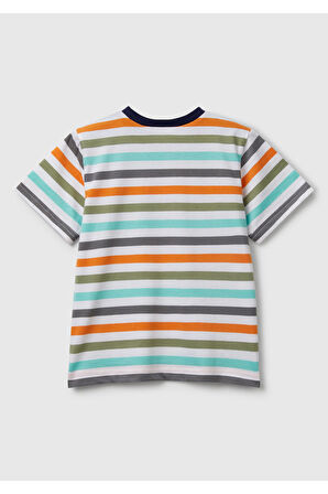 Erkek Çocuk Turkuaz Mix Çizgili Önü Logo İşlemeli T-Shirt