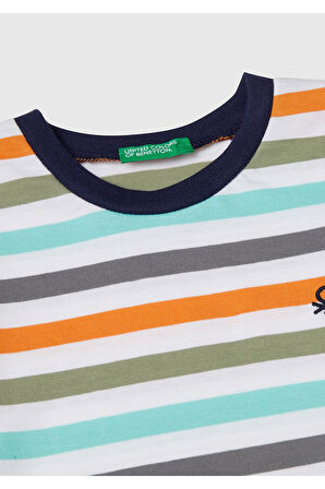 Erkek Çocuk Turkuaz Mix Çizgili Önü Logo İşlemeli T-Shirt