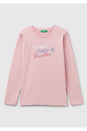 Kız Çocuk Pembe Simli Benetton Logo Baskılı T-Shirt