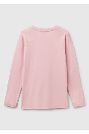 Kız Çocuk Pembe Simli Benetton Logo Baskılı T-Shirt