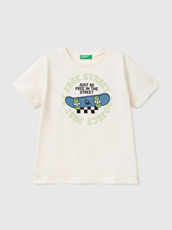 Benetton Erkek Çocuk Baskılı Tshirt 1-6 Yaş Ekru