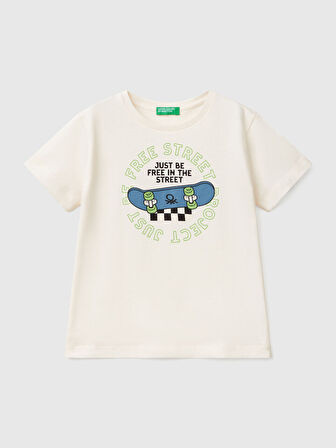 Benetton Erkek Çocuk Baskılı Tshirt 1-6 Yaş Ekru