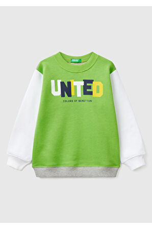 Erkek Çocuk Fıstık Yeşili Benetton Logo Baskılı Bisiklet Yaka Sweatshirt