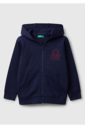 Erkek Çocuk Lacivert Önü Logo Baskılı Fermuarlı Kapüşonlu Sweatshirt