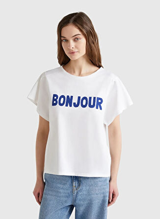 Benetton Bisiklet Yaka Beyaz Kadın T-Shirt 3LNSD109Z