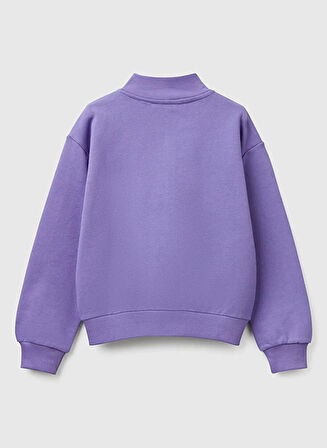 Kız Çocuk Mor Simli Benetton Logo İşlemeli Fermuarlı Sweatshirt