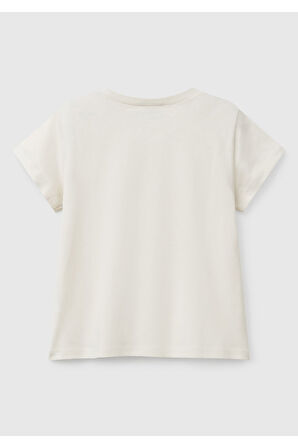 Kız Çocuk Krem Simli Benetton Logo Baskılı T-Shirt