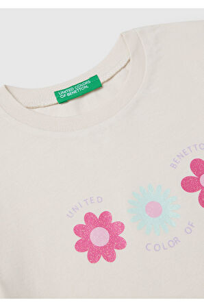 Kız Çocuk Krem Simli Benetton Logo Baskılı T-Shirt