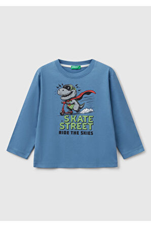 Erkek Çocuk Havacı Mavi Önü Baskılı Bisiklet Yaka Uzun Kollu T-Shirt