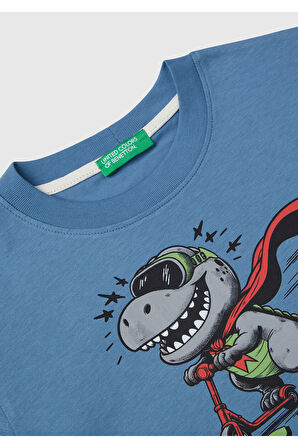 Erkek Çocuk Havacı Mavi Önü Baskılı Bisiklet Yaka Uzun Kollu T-Shirt