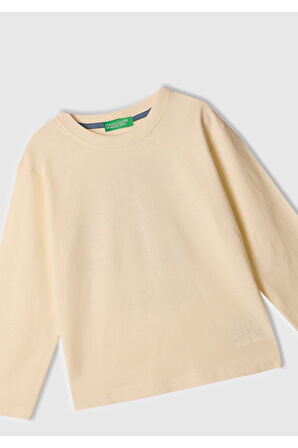 Erkek Çocuk Ekru Önü Baskılı Bisiklet Yaka Uzun Kollu T-Shirt