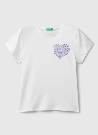 Benetton Baskılı Ekru Kız Çocuk T-Shirt 3I1XC10Q1