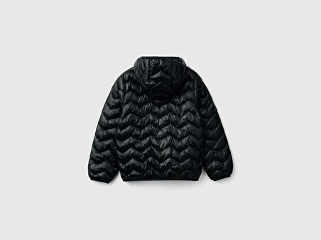 Kız Çocuk Siyah Simli Logo Detaylı Kapüşonlu Mevsimlik İnce Mont