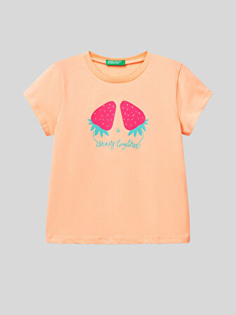 Benetton Kız Çocuk Baskılı Tshirt 1-6 Yaş Somon
