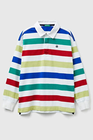 United Colors of Benetton Erkek Çocuk 33CKC301X-25K Çizgili Uzun Kollu Polo Tshirt Beyaz