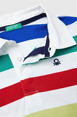 United Colors of Benetton Erkek Çocuk 33CKC301X-25K Çizgili Uzun Kollu Polo Tshirt Beyaz
