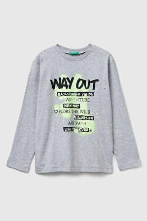 United Colors of Benetton Erkek Çocuk 3JERC10QO-25K  Uzun Kol Tshirt Gri Melanj