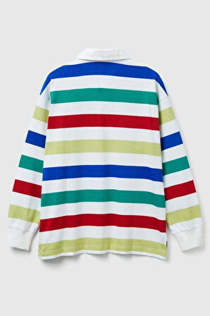 United Colors of Benetton Erkek Çocuk 33CKC301X-25K Çizgili Uzun Kollu Polo Tshirt Beyaz