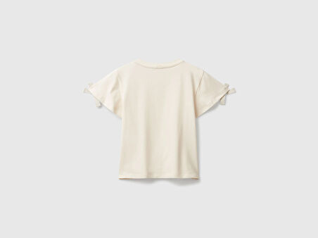 Benetton Kız Çocuk Logo İşlemeli Omuzları Simli Kurdeleli T-shirt