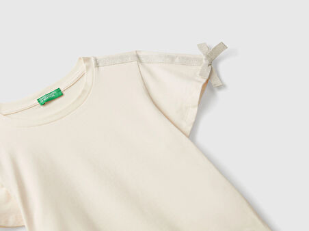 Benetton Kız Çocuk Logo İşlemeli Omuzları Simli Kurdeleli T-shirt