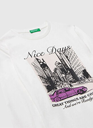 Benetton Baskılı Ekru Kız Çocuk T-Shirt 35RYC10QE