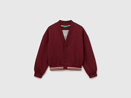 Benetton Kız Çocuk Bordo Payet İşlemeli Ucu Çizgili Sweatshirt Hırka