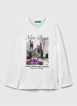 Benetton Baskılı Ekru Kız Çocuk T-Shirt 35RYC10QE