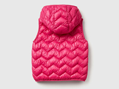 Kız Bebek Fuşya Simli Logo İşlemeli Kapüşonlu Yelek