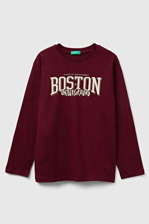 United Colors of Benetton Erkek Çocuk 3JERC10QO-25K  Uzun Kol  Tshirt Bordo