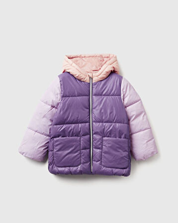 Kız Bebek Mor Logo İşlemeli Kapüşonlu Mont