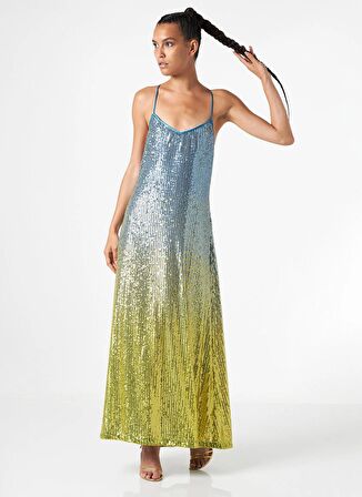 Le Twins V Yaka Düz Mavi - Sarı Standart Kadın Elbise Valeria