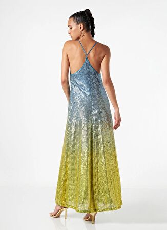 Le Twins V Yaka Düz Mavi - Sarı Standart Kadın Elbise Valeria