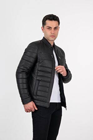 Deri Effect Erkek Siyah Şişme Hakiki Deri Ceket