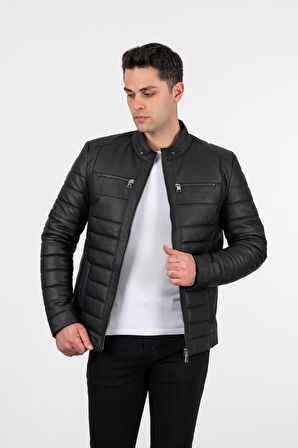 Deri Effect Erkek Siyah Şişme Hakiki Deri Ceket