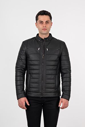 Deri Effect Erkek Siyah Şişme Hakiki Deri Ceket