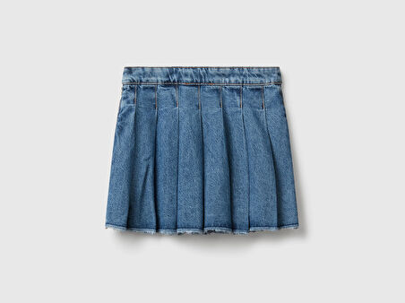 Benetton Kız Çocuk Pileli Yanı Fermuarlı Diz Üstü Denim Etek