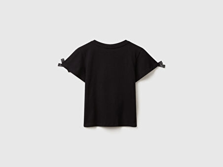 Benetton Kız Çocuk Logo İşlemeli Omuzları Simli Kurdeleli T-shirt