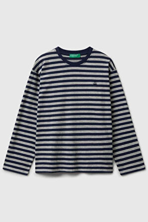 United Colors of Benetton Erkek Çocuk 3FNLC10QB-25K  Uzun Kol Çizgili Tshirt Gri