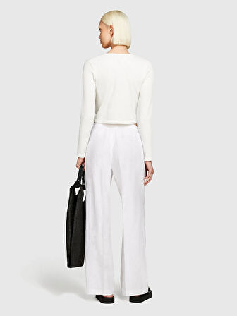 %100 Keten Beli Lastikli Önü Pileli Geniş Paça Pantolon Kadın Beyaz Pantolon - 325P4AGHLF03U