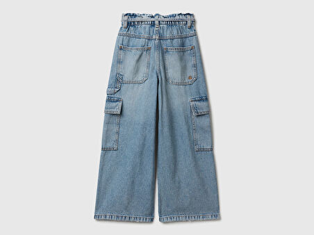 Benetton Kız Çocuk Koyu Mavi Beli Bağlamalı Kargo Stili Wide Fit Denim Pantolon