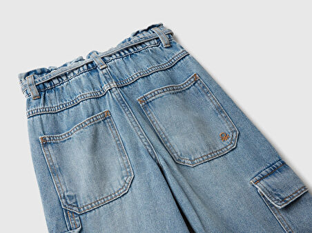 Benetton Kız Çocuk Koyu Mavi Beli Bağlamalı Kargo Stili Wide Fit Denim Pantolon
