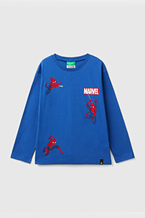  Erkek Çocuk Logolu Spiderman Baskılı Uzun Kollu T-Shirt - Saks Mavi | 13-14